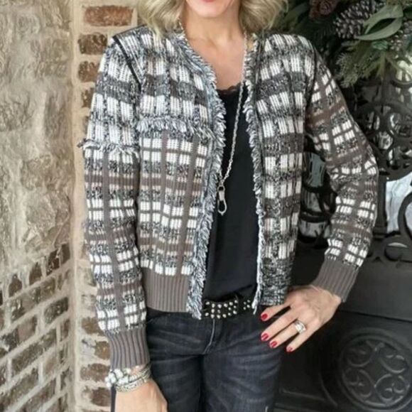 CAbi Sweaters - Cabi Women's Brown and White Plaid Classic Cardigan Size XS Slim Fit Cropped